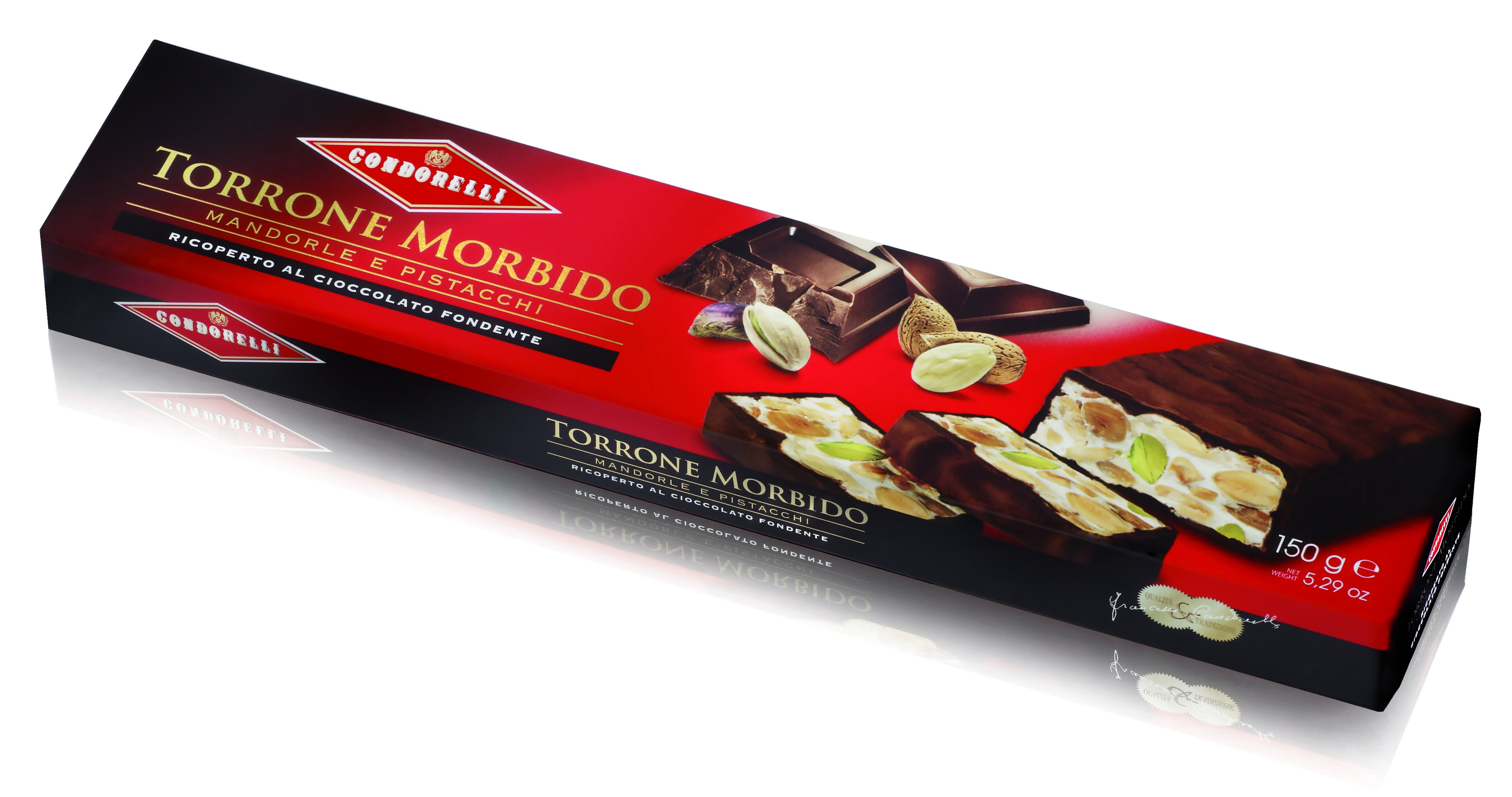 Нуга покрытая темным шоколадом с цельными орехами миндаля и фисташек