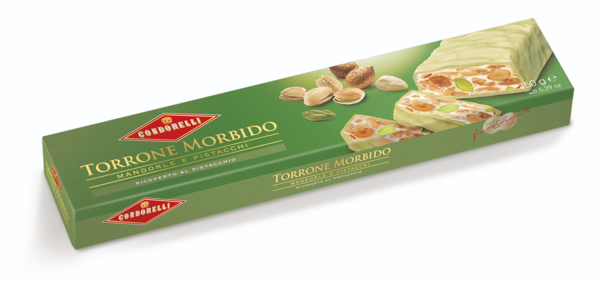 Нуга покрытая фискашковой глазурью с цельными орехами миндаля и фисташек